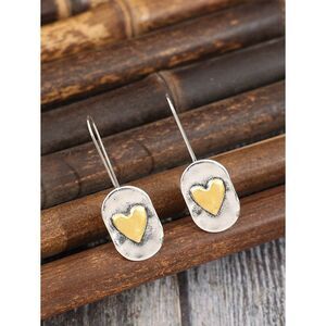 Vtg Style Hammered 2 Tone Heart Drop Hook Earrings Retro Rustic Fashion Jewelry